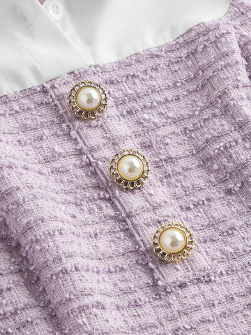 Tween Girls Elegant Black White Color Block Turndown Collar Lantern Sleeve 2 In 1 Dress, Fall &