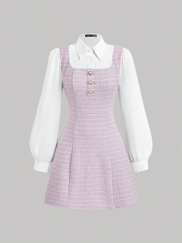 Tween Girls Elegant Black White Color Block Turndown Collar Lantern Sleeve 2 In 1 Dress, Fall &