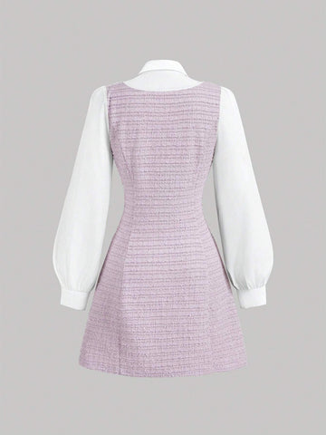 Tween Girls Elegant Black White Color Block Turndown Collar Lantern Sleeve 2 In 1 Dress, Fall &