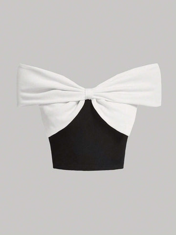 Two Tone Off Shoulder Bow Front Crop Tee