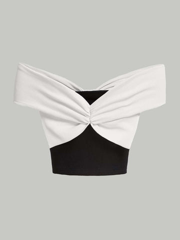 Two Tone Off Shoulder Bow Front Crop Tee