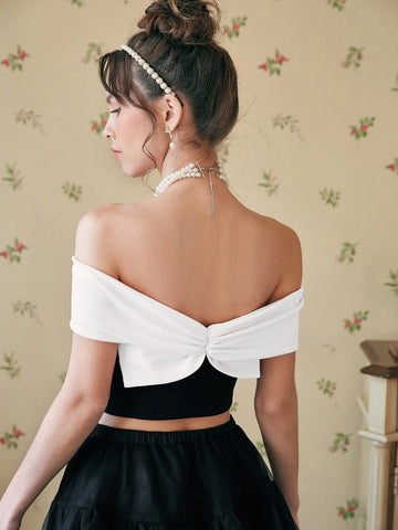 Two Tone Off Shoulder Bow Front Crop Tee