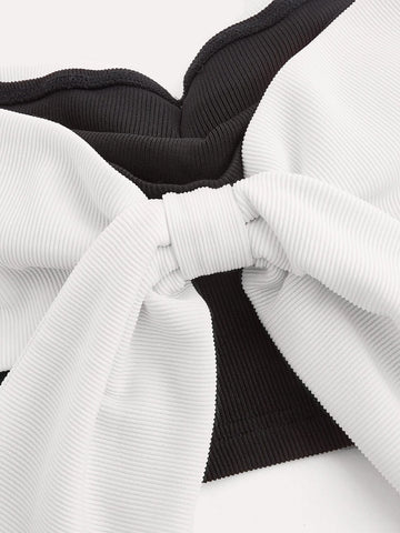 Two Tone Off Shoulder Bow Front Crop Tee