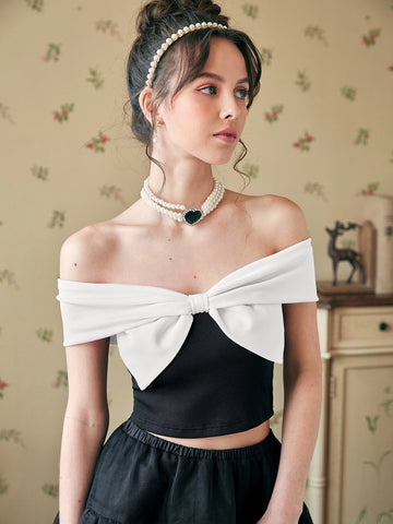 Two Tone Off Shoulder Bow Front Crop Tee