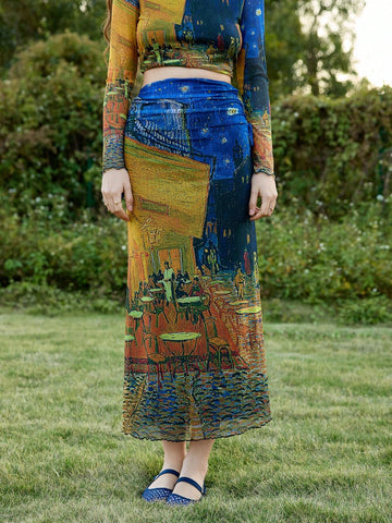 MOD Van Gogh Oil Painting Vintage Fish Tail Design Knitted Skirt For Women