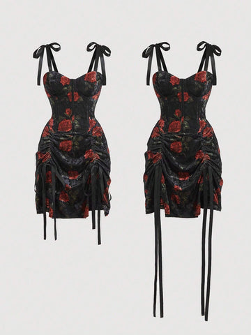 Velvet Dress With Red Floral Bow Tie Detail And Drawstring