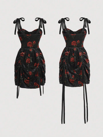 Velvet Dress With Red Floral Bow Tie Detail And Drawstring