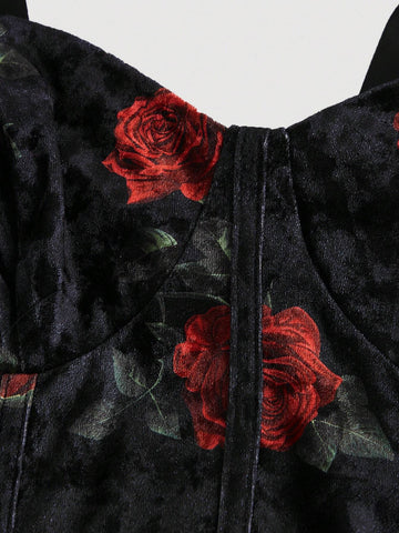 Velvet Dress With Red Floral Bow Tie Detail And Drawstring