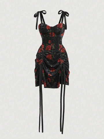Velvet Dress With Red Floral Bow Tie Detail And Drawstring