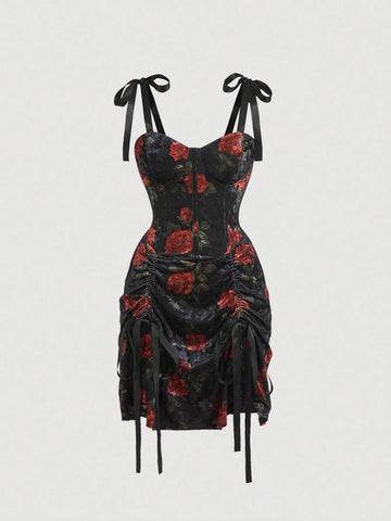 Velvet Dress With Red Floral Bow Tie Detail And Drawstring