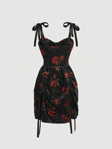 Velvet Dress With Red Floral Bow Tie Detail And Drawstring