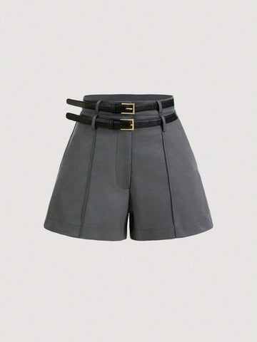 MOD Versatile Double Waistband Wide Leg Gray Shorts, Casual Women's Dress Shorts, Uniform Shorts, Business Wear, Autumn Shorts, Inner Shorts
