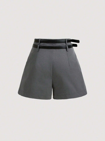 MOD Versatile Double Waistband Wide Leg Gray Shorts, Casual Women's Dress Shorts, Uniform Shorts, Business Wear, Autumn Shorts, Inner Shorts