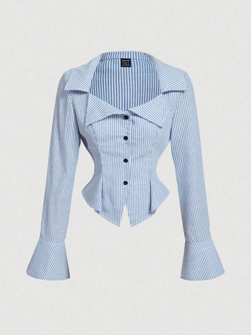 MOD Vintage College Style Blue & White Striped Turndown Collar Square Neck Shirt