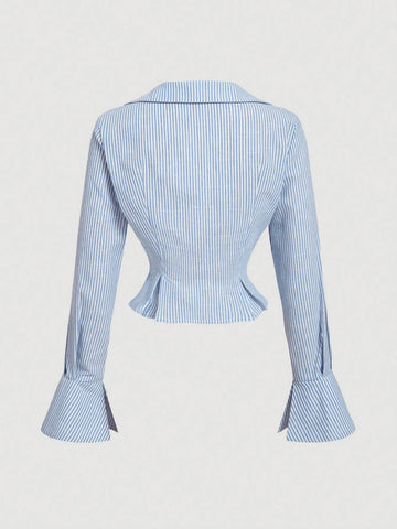 MOD Vintage College Style Blue & White Striped Turndown Collar Square Neck Shirt