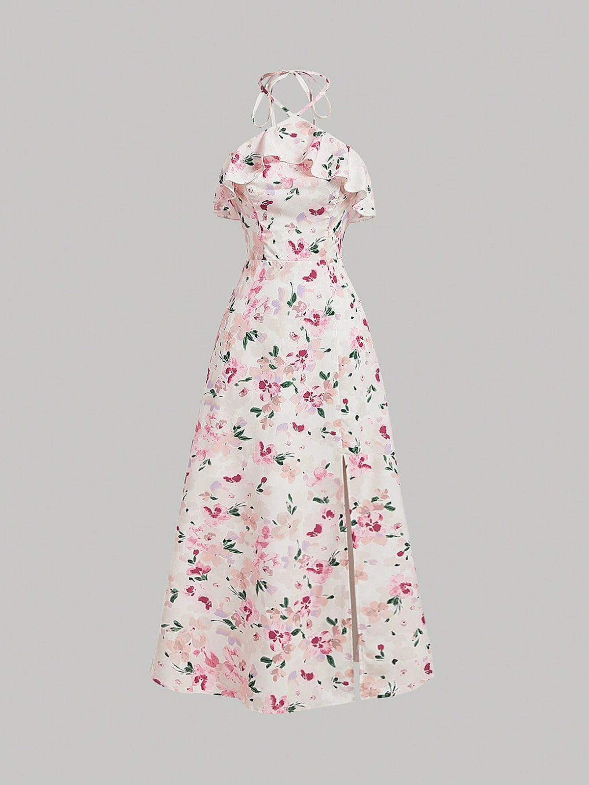 Vintage Floral Print Beach Dress With Romantic Ruffled Hem And High Slit, Perfect For