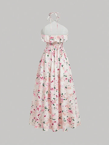 Vintage Floral Print Beach Dress With Romantic Ruffled Hem And High Slit, Perfect For