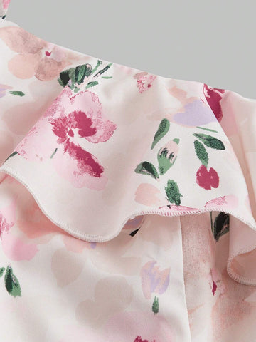 Vintage Floral Print Beach Dress With Romantic Ruffled Hem And High Slit, Perfect For