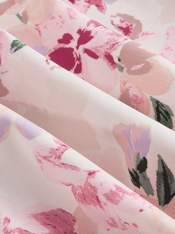 Vintage Floral Print Beach Dress With Romantic Ruffled Hem And High Slit, Perfect For