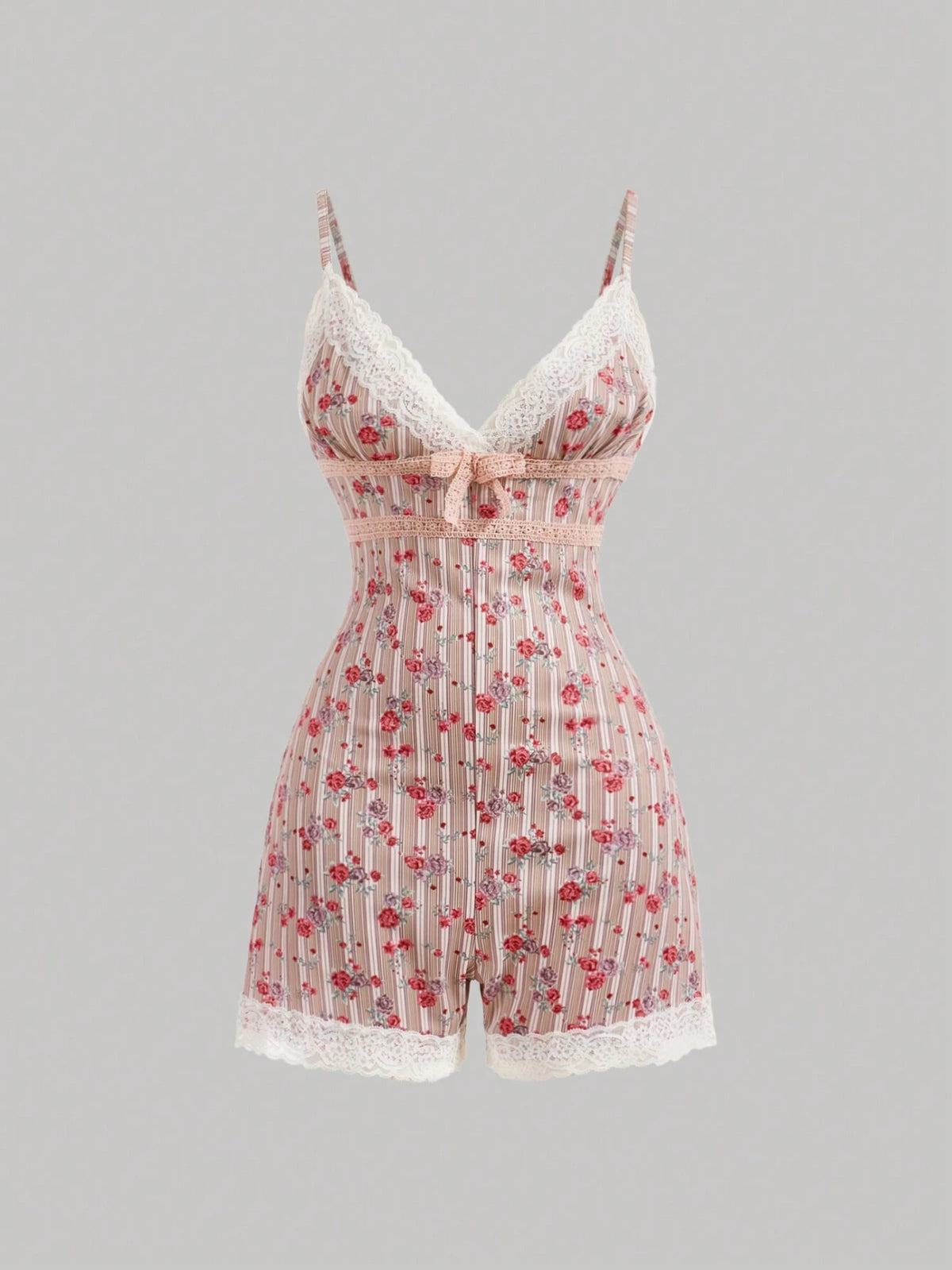 Vintage Floral Print Lace Splice Jumpsuit With Shoulder Strap For Summer