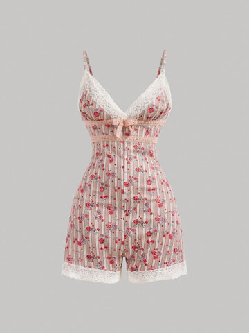 Vintage Floral Print Lace Splice Jumpsuit With Shoulder Strap For Summer