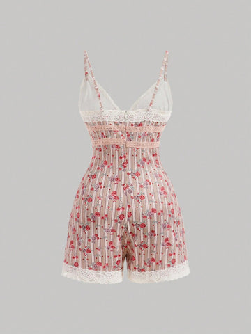 Vintage Floral Print Lace Splice Jumpsuit With Shoulder Strap For Summer