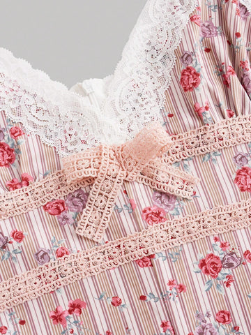 Vintage Floral Print Lace Splice Jumpsuit With Shoulder Strap For Summer