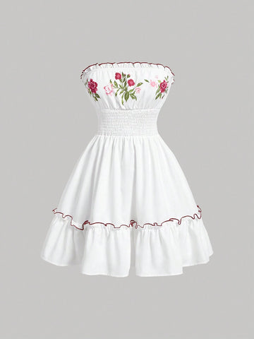 Vintage Flower Print Patchwork Ruffle Hem Tube Dress For Summer,Boho Dress,Beach Women