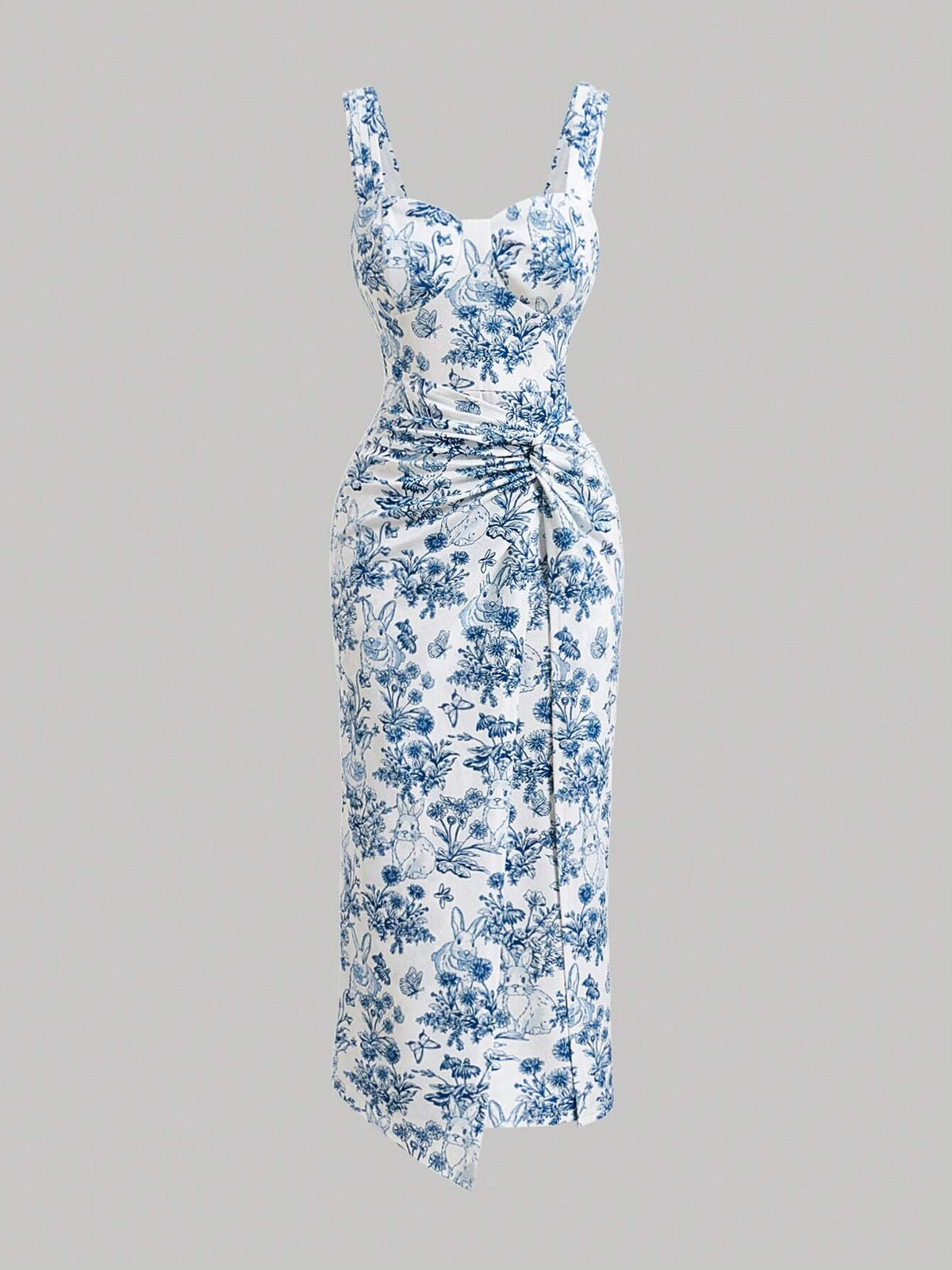 Vintage Flower Print Twist Front Design Sleeveless Dress With Wide Straps For Summer