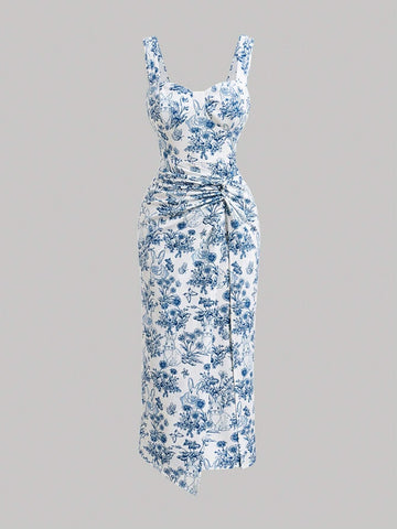 Vintage Flower Print Twist Front Design Sleeveless Dress With Wide Straps For Summer