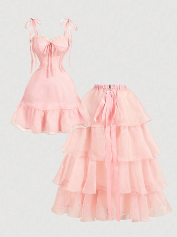 Vintage Light Pink Gorgeous 2in1 Dress With Detachable Multiple Skirts - Palace Style,Birthday