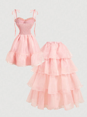 Vintage Light Pink Gorgeous 2in1 Dress With Detachable Multiple Skirts - Palace Style,Birthday