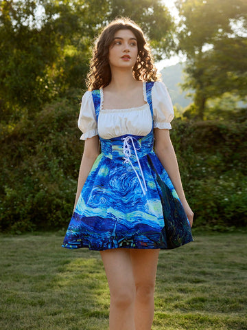 Vintage Oil Painting Print Puff Sleeve Waist Cinched Midi Dress,Van Gogh "Starry Night" Print Dress,