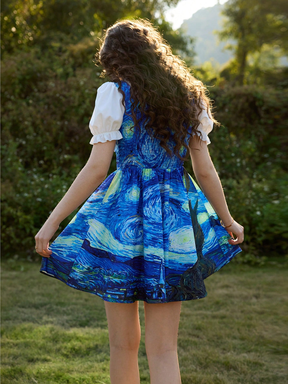 Vintage Oil Painting Print Puff Sleeve Waist Cinched Midi Dress,Van Gogh "Starry Night" Print Dress,