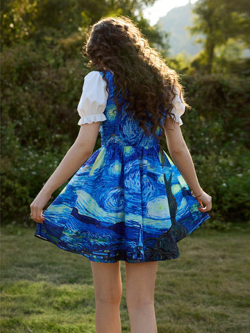 Vintage Oil Painting Print Puff Sleeve Waist Cinched Midi Dress,Van Gogh "Starry Night" Print Dress,