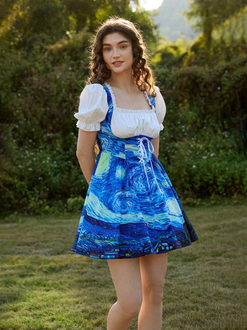 Vintage Oil Painting Print Puff Sleeve Waist Cinched Midi Dress,Van Gogh "Starry Night" Print Dress,