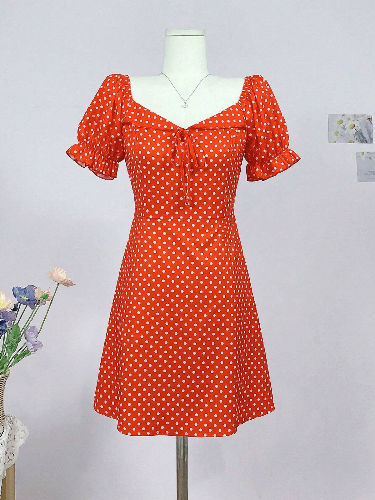 Vintage Red Polka Dot Short Sleeve Dress With Small Lapel And Bubble Sleeves For Women, Perfe