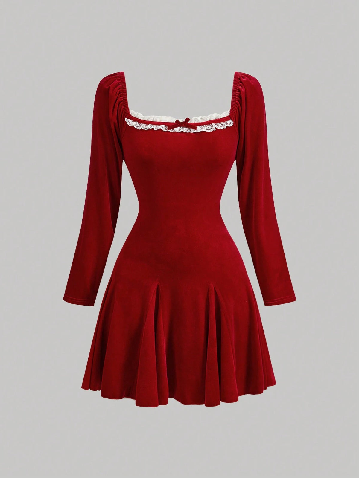 Vintage Red Velvet Dress With Lace Collar Insert And Tie Back, Party Dress, Winter Dress, Long