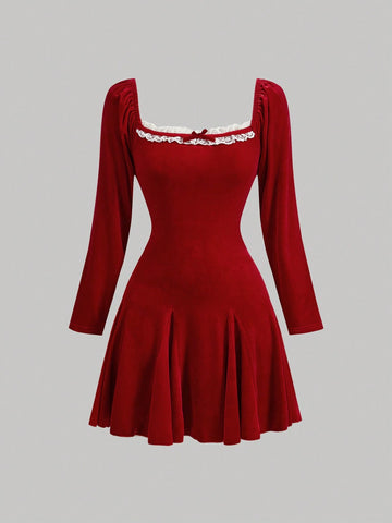 Vintage Red Velvet Dress With Lace Collar Insert And Tie Back, Party Dress, Winter Dress, Long