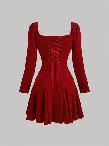 Vintage Red Velvet Dress With Lace Collar Insert And Tie Back, Party Dress, Winter Dress, Long