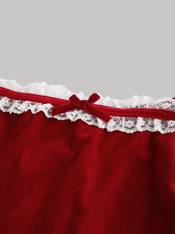 Vintage Red Velvet Dress With Lace Collar Insert And Tie Back, Party Dress, Winter Dress, Long