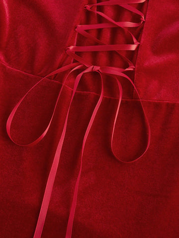 Vintage Red Velvet Dress With Lace Collar Insert And Tie Back, Party Dress, Winter Dress, Long