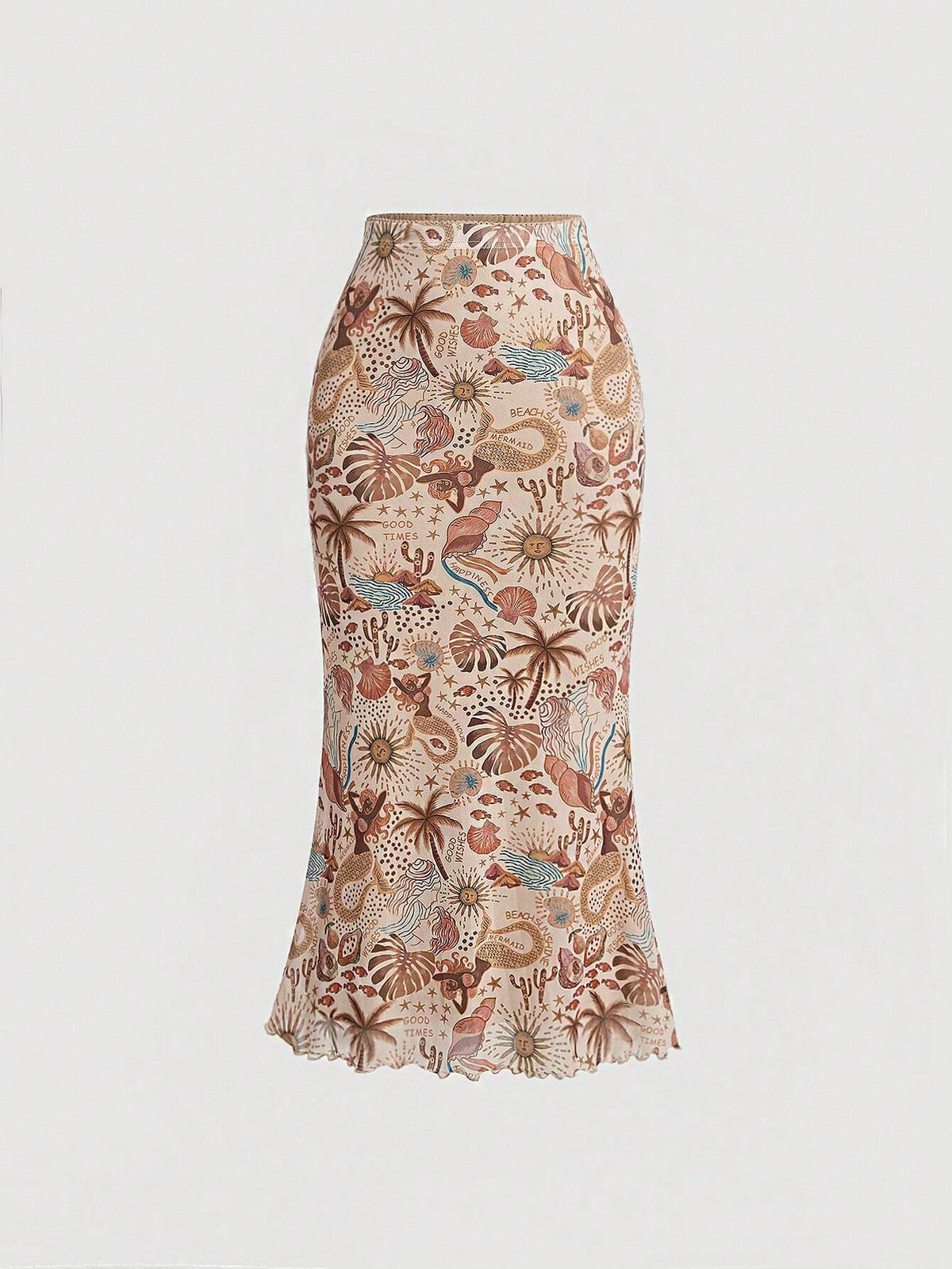 MOD Vintage Style Knitted Women's Plant Printed Mermaid Hem Skirt