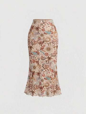 MOD Vintage Style Knitted Women's Plant Printed Mermaid Hem Skirt