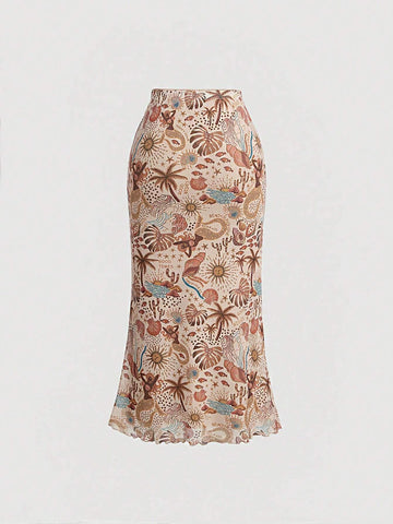 MOD Vintage Style Knitted Women's Plant Printed Mermaid Hem Skirt