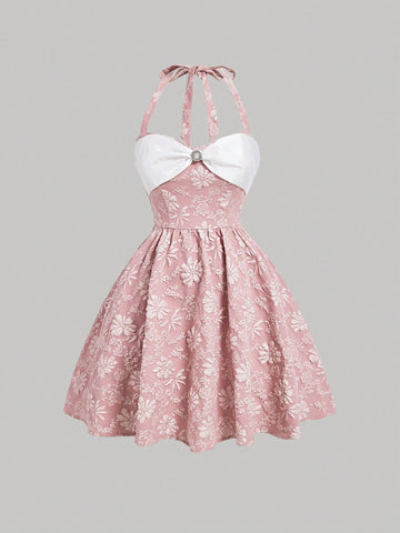 White Bow Pink Halter Neck Women's Dress,Party Dress,Cute Summer Dress,Bubble