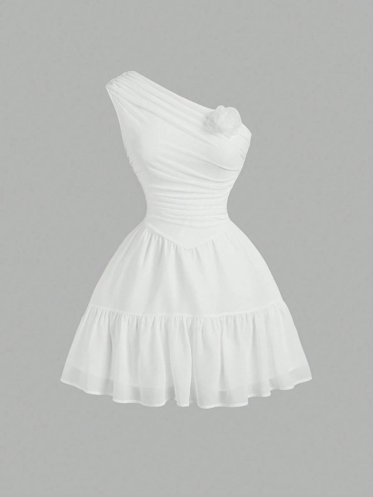 White Dreamy Romantic Elegant Dress With Ruffle Trim & 3D Floral Decor, Asymmetrical Shoulder, Fo