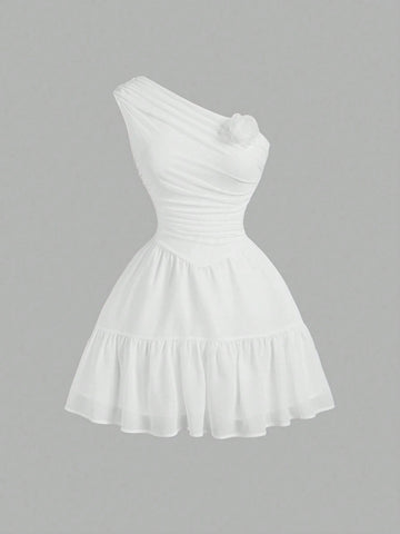 White Dreamy Romantic Elegant Dress With Ruffle Trim & 3D Floral Decor, Asymmetrical Shoulder, Fo