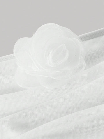 White Dreamy Romantic Elegant Dress With Ruffle Trim & 3D Floral Decor, Asymmetrical Shoulder, Fo