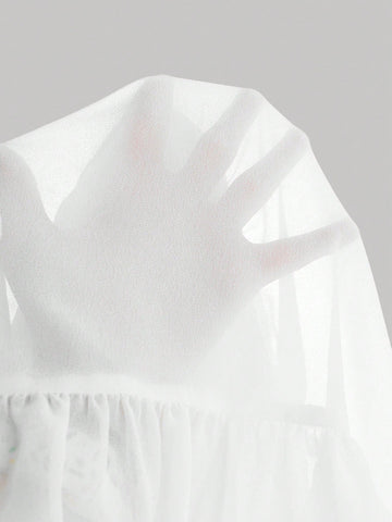 White Dreamy Romantic Elegant Dress With Ruffle Trim & 3D Floral Decor, Asymmetrical Shoulder, Fo